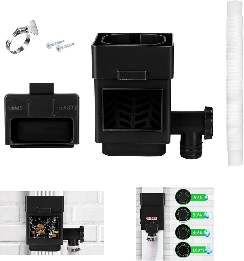 XPINYT Rain Barrel Diverter Kit, Downspout Diverter Fits for 2"x 3" or 3"x 4" Standard Downspout, Rainwater Collection System with Adjustable Valve and Filter,5ft Hose(Black) - Image 1
